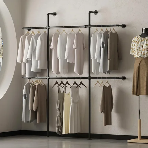 Vista 2 de Perchero Industrial de Tubería para Ropa de Montaje en Pared, Perchero Negro de Tubería para Ropa con 6 Varillas para Colgar, Perchero de Tubería
