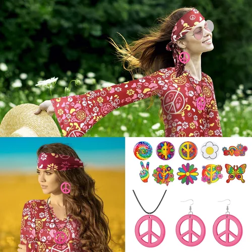 Vista 5 de Jiuguva Conjunto de 17 piezas de disfraz hippie de los años 60 y 70 para mujer, vestido de discoteca, pantalones bohemios, acampanados, camisa
