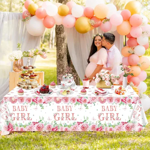 Vista 5 de Paquete de 4 manteles de baby shower, decoraciones de fiesta para niñas, suministros de fiesta de revelación de género, 86 x 51 pulgadas, mantel