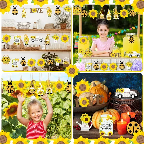 Vista 6 de Paquete de 48 adornos de gnomo de girasol para árbol de verano, colgante de madera con flores amarillas, decoraciones de fiesta de verano, recuerdos