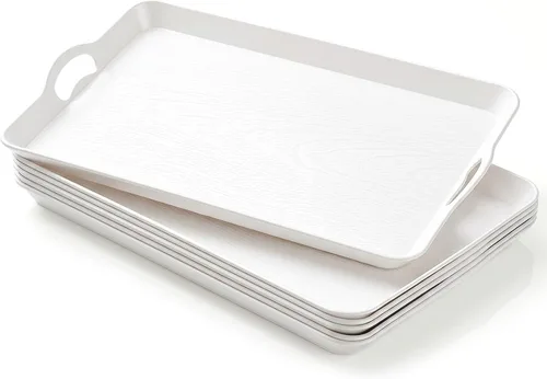 Vista 9 de 6 bandejas para servir con asas para comer, bandeja de plástico multiusos de 16 x 11 pulgadas, bandeja rectangular antideslizante decorativa
