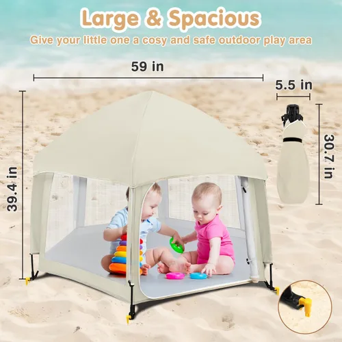 Vista 3 de Corralito desplegable para bebé, corralito portátil para bebés y niños pequeños con sombras extraíbles y 2 cubiertas UV laterales, corralito ligero