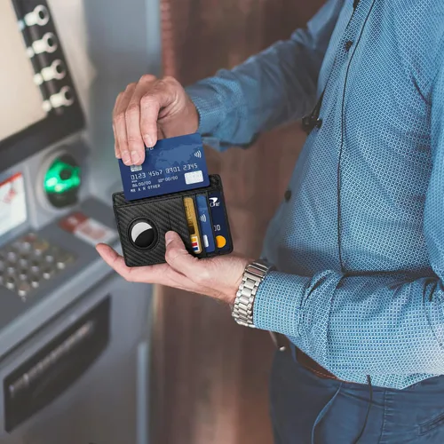 Vista 6 de Aunote Billetera AirTag de piel auténtica con bloqueo RFID, bolsillo con caja de regalo para hombres y mujeres, de fibra de carbono, Negro