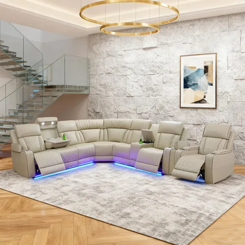 Vista 9 de Juego de sofá modular reclinable eléctrico para sala de estar, juego de sofá reclinable de cuero con luces LED / almacenamiento oculto, sofá