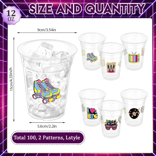 Vista 2 de 100 vasos de plástico desechables para fiestas de los 80 de 12 onzas de regreso a los 80, vasos transparentes desechables para discoteca de los 80
