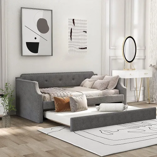 Vista 10 de Sofá cama tapizada con nido, sofá cama de tamaño individual con soporte de listones de madera, marco tapizado de madera para sala de estar, no Azul-2