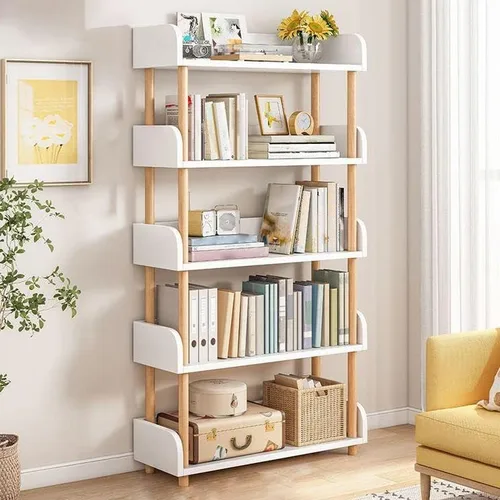 Vista 13 de Estantería de 3 niveles, estantería estándar para el hogar, moderna estantería de madera con estantes rectangulares para dormitorio, oficina Blanco