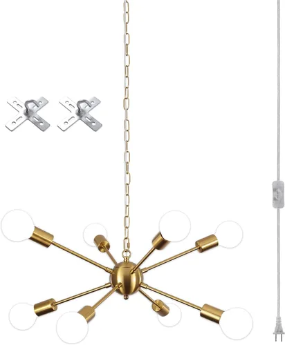 Vista 8 de LASENCHOO Lámpara de araña con enchufe negra de 6 luces Lámpara colgante con enchufe Luces colgantes con cable de enchufe de 15.1 pies
