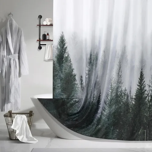 Vista 24 de ORTIGIA 36x72 Cortina de ducha de bosque nebuloso para baño pequeño, cortina de ducha estrecha de naturaleza y bosque en blanco y negro con ganchos