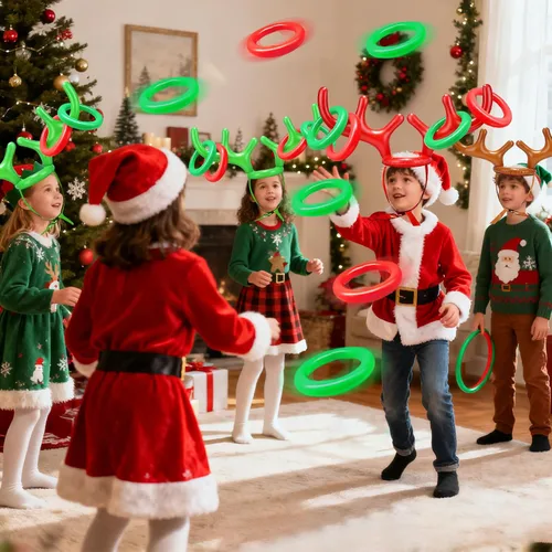 Vista 6 de Juego de 18 piezas de 3 anillos inflables de cornamenta de reno para lanzar juegos de fiesta de Navidad, juguetes familiares para niños, relleno