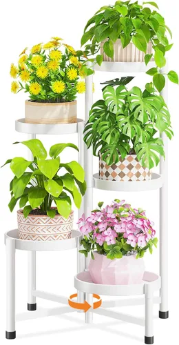 Vista 8 de LASZOLA Soporte alto plegable para plantas de 5 niveles para interiores y exteriores, para macetas grandes, estante ajustable de metal resistente