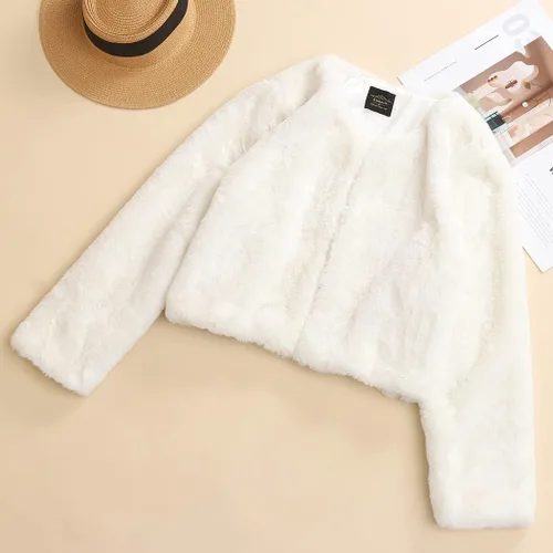 Vista 2 de Edary Chaqueta de piel sintética para mujer, abrigo de manga larga, abrigo de piel abierta al frente, abrigo de piel sintética para invierno cálido