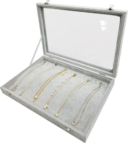 Vista 4 de Caja organizadora de collares de terciopelo para mujer, 20 ganchos para almacenamiento de collares con tapa transparente (gris)