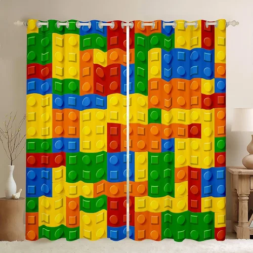 Vista 6 de Feelyou Cortinas de ventana de bloque de construcción para dormitorio, 38 pulgadas de ancho x 45 pulgadas de largo, 2 paneles de estilo ladrillo
