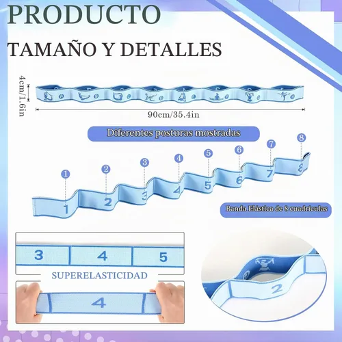 Vista 2 de Correa de estiramiento para niños, banda elástica de gimnasia para estiramiento de ballet y danza con 8 bucles, correa de resistencia ajustable