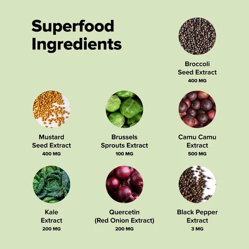 Vista 4 de Complemento Sulfora Sulforafane Suplemento con mirosinasa (30 porciones) 52mg Glucoraphanin from Broccoli Seeds, Kale & Quercetin - Antioxidant