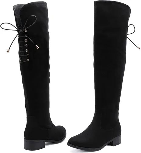 Vista 6 de EETTARO Botas altas de moda con cordones para mujer, con cremallera lateral, tacón de bloque