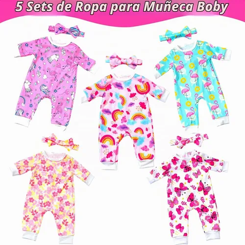 Vista 2 de Ecore Fun 5 juegos de ropa de muñeca y diademas – Accesorios para muñecas de 14 a 16 pulgadas, total 10 piezas – Mono con bonito patrón para muñecas