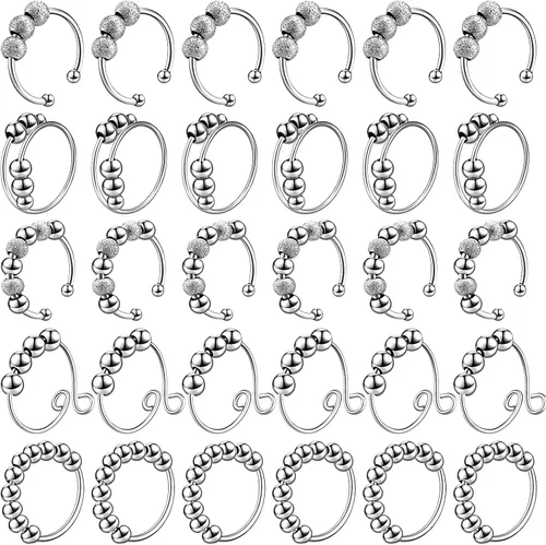 Vista 7 de Yinkin 30 anillos para ansiedad para mujeres, de acero inoxidable, ajustable, con cuentas, para hombres y adultos, alivio del estrés (dorado)