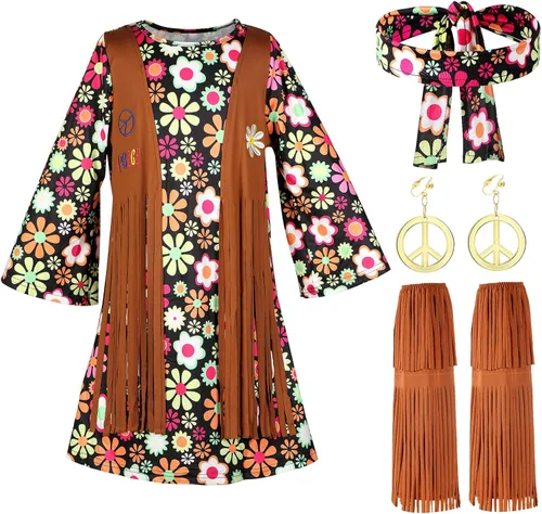 Vista 2 de Haysandy Conjunto de disfraz hippie para niños, vestido hippie de los años 60 y 70, signo de la paz, accesorios de fiesta para carnaval, Halloween