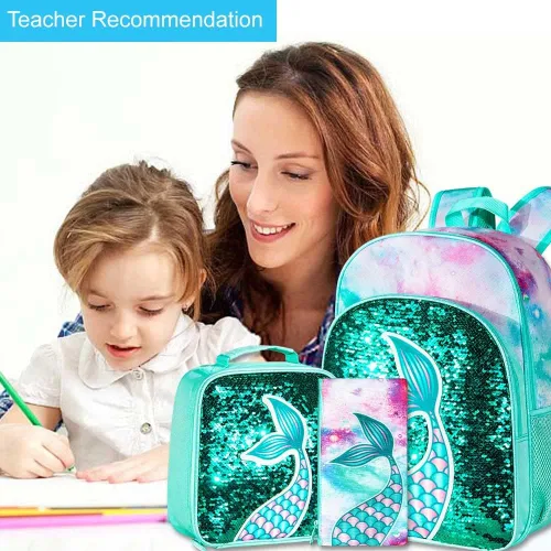 Vista 7 de 3 mochilas para niñas, 16 pulgadas con lentejuelas para preescolar y lonchera