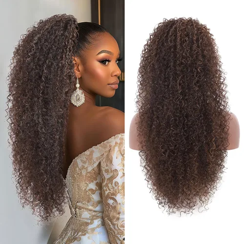 Vista 9 de Youthfee Cola de caballo con cordón para mujer, cola de caballo rizada profunda, sintética mezclada con cabello humano, negro natural, afro, rizado
