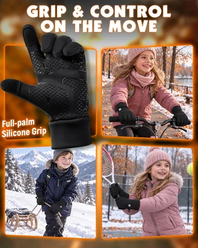 Vista 8 de Hikenture Guantes de invierno cálidos para niños, pantalla táctil, ciclismo Negro