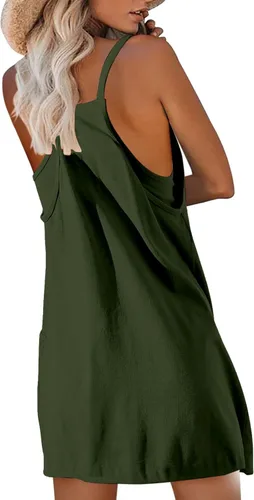 Vista 3 de FZVYD Vestidos de verano para mujer, sin mangas, minivestido con cuello en U, tirantes delgados, vestido corto atlético básico con bolsillos