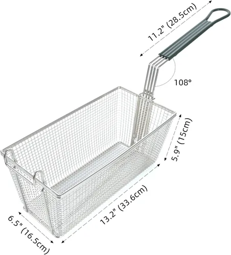 Vista 3 de Cesta para freidora profunda con ganchos frontales, mango antideslizante, cesta de 13.2 x 6.5 x 5.9 pulgadas, mango largo de 11.2 pulgadas, fácil