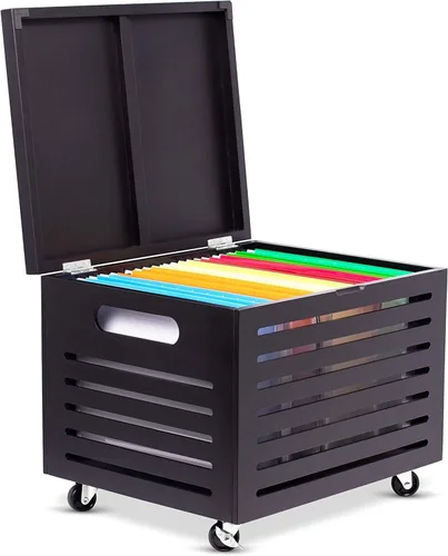 Vista 9 de BIRDROCK HOME Caja organizadora de almacenamiento de archivos rodante de bambú con tapa, archivador decorativo sobre ruedas, caja de archivos