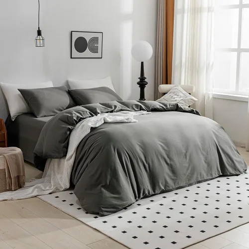 Vista 2 de JELLYMONI Funda de edredón gris tamaño King, funda de edredón 100% algodón lavado con textura similar al lino, juego de ropa de cama de 3 piezas