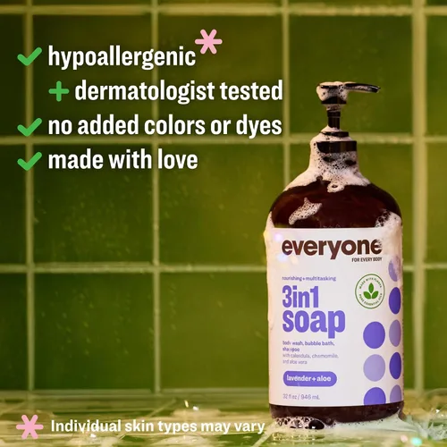 Vista 10 de Everyone Jabón 3 en 1, gel de baño, baño de burbujas, champú, 32 onzas (paquete de 1), lavanda y aloe, hecho con aceites esenciales para hombres