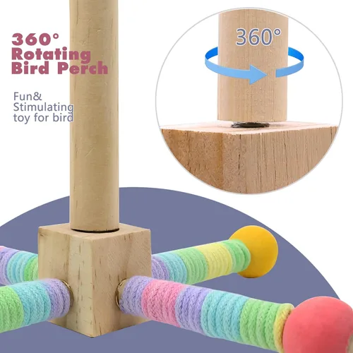 Vista 9 de Juguete de perca para loros mejorado, soporte giratorio de perca para pájaros con juguete de bola masticable para pájaros pequeños y medianos
