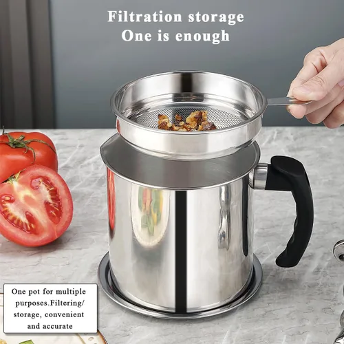 Vista 4 de Berglander Recipiente de grasa de tocino con colador de 47 oz/1.4 L, recipiente de almacenamiento de aceite de acero inoxidable con filtro de malla