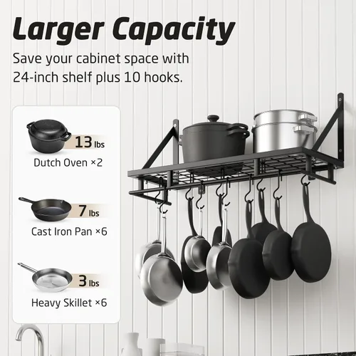 Vista 2 de KES Estante para ollas de cocina de 24 pulgadas montado en la pared, organizador de almacenamiento con ganchos, estante de pared en mate negro