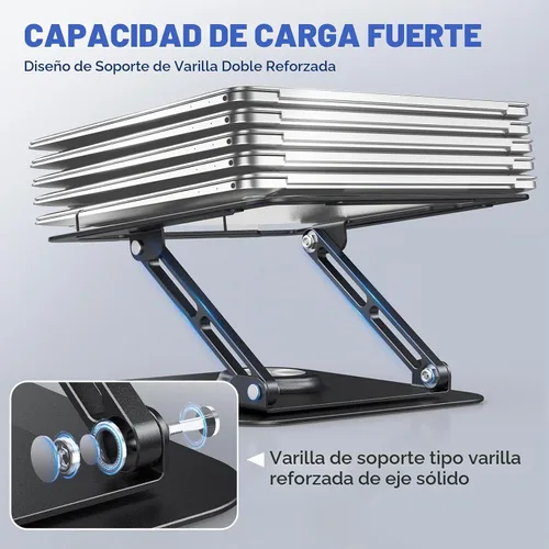 Vista 4 de Soporte para computadora portátil para escritorio, soporte de computadora ajustable con base giratoria de 360°, elevador ergonómico para computadora