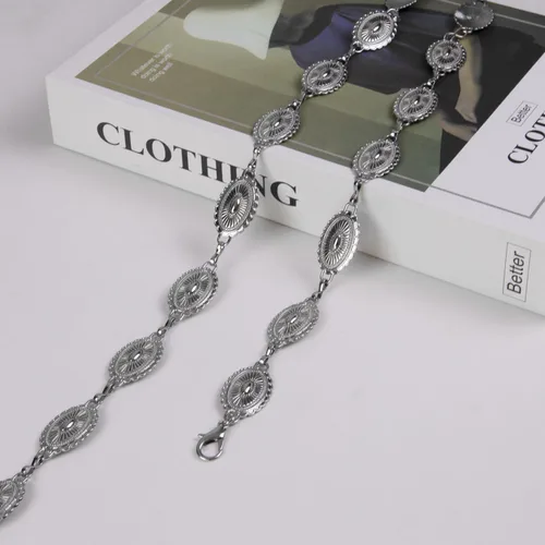 Vista 3 de Cinturón de cadena occidental para mujer, cadena de concho, ajustable, turquesa, metal, bohemio, cadena de cintura para jeans o vestidos