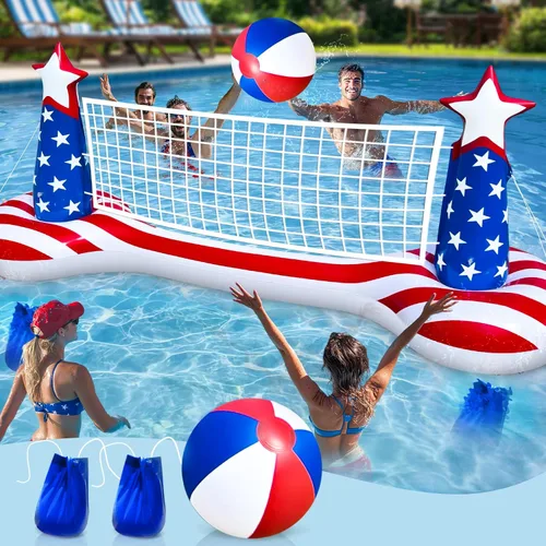 Vista 10 de Grandes juegos inflables de piscina, red de voleibol y aro de baloncesto con 2 pelotas de playa, bandera estadounidense, juguetes de agua