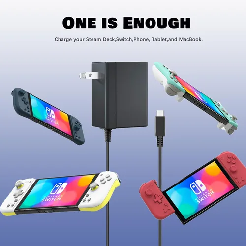 Vista 2 de Cargador para Nintendo SwitchSwitch LiteSwitch OLEDSteam Deck, adaptador de CA de 15 V2.6 A, cargador portátil de carga rápida con cable USB-C de 5