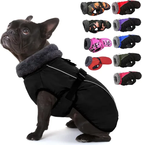 Vista 21 de IECOii - Abrigo extracálido para perro, chaqueta reflectante ajustable, invernal, suave, cuello alto, hebilla, forro de vellón, para clima frío