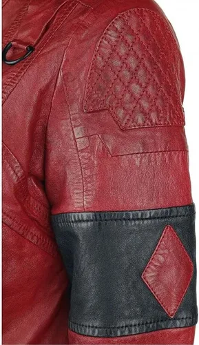 Vista 4 de Margot Robbie Suicide Squad Harley Quinn, disfraz de cosplay de chaqueta corta de cuero