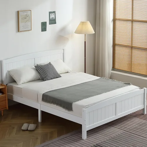 Vista 12 de Karl home Base de cama de madera tamaño matrimonial con cabecero, plataforma para dormitorio con estribo, soporte de 12 listones de madera, no Gris