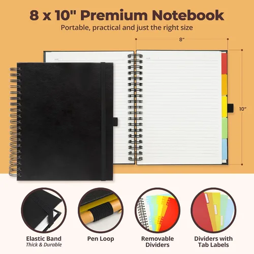 Vista 3 de Cuaderno de espiral encuadernado en cuero de tapa dura de 8x10 pulgadas con divisores removibles - Negro - 300 páginas Cuaderno de 5 asignaturas
