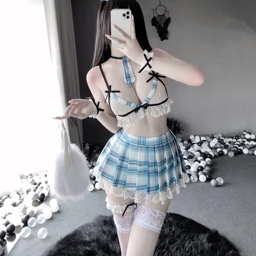 Vista 2 de Uniforme de colegiala japonesa sexy anime Cosplay ropa interior bikini con mini camisa y falda plisada