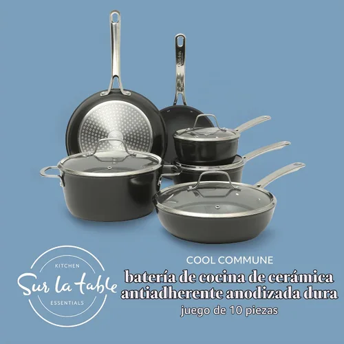 Vista 2 de Sur La Table Kitchen Essentials Cool Commune - Juego de ollas y sartenes de aluminio forjado anodizado duro de 10 piezas, libre de PFA