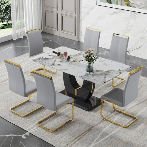 Vista 113 de JUFU Juego de mesa de comedor moderno para 4, juego de mesa de cocina rectangular de 63 pulgadas con mesa de mármol sintético y 4 sillas tapizadas