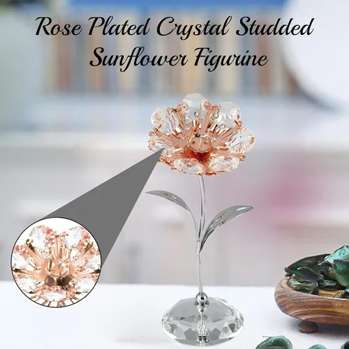 Vista 7 de Matashi Figura de girasol con girasol plateado chapado en oro cromado y rosa con tachuelas de cristal – Hermoso adorno de mesa con base de cristal
