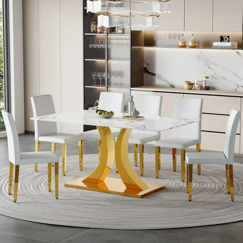 Vista 22 de Juego de mesa de comedor de mármol para 4, moderna mesa de oro blanco de 63 pulgadas con patas de marco de forma intercambiable y sillas de comedor