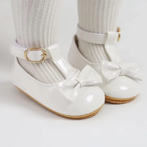 Vista 3 de QWZban Zapatos planos Mary Jane para bebés y niñas con Bownot, suela suave, suela suave, piel sintética, recién nacidos, primeros pasos, para fiesta