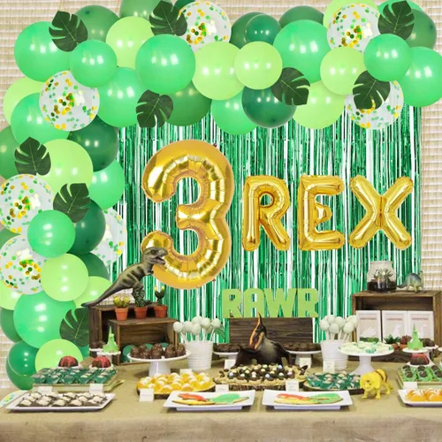 Vista 2 de Decoraciones de dinosaurio de tercer cumpleaños para niños, kit de guirnalda de globos de dinosaurio, 3 globos de aluminio REX, hojas artificiales